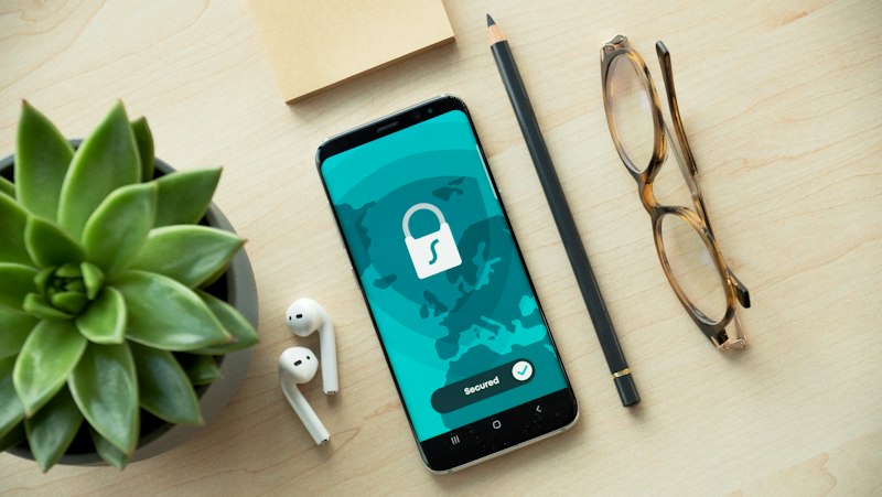 A smartphone displaying a security lock icon on a wooden desk